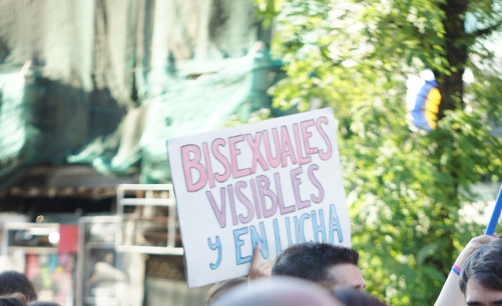 Someone holds up a sign at a pride parade that says "Bisexuals visible and fighting" in Spanish "Bisexuales visibles y en lucha" to show support for bi awareness and bi visibility.