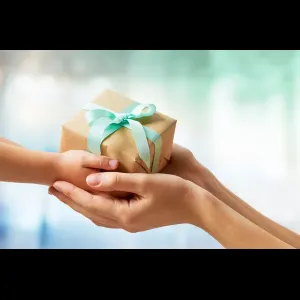 small brown box with blue bow wrapped around it being handed to someone.