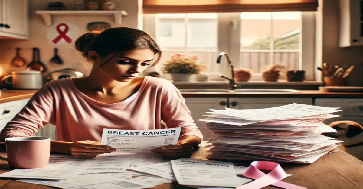 A young woman wearing a pink long-sleeve shirt sits at a kitchen table covered with stacks of medical bills labeled “Breast Cancer.” She looks down thoughtfully at one of the papers. A pink ribbon symbolizing breast cancer awareness sits on the table beside her, and a pink coffee mug is nearby. In the background, a bright kitchen with a window and a breast cancer awareness ribbon hanging on the wall is visible.