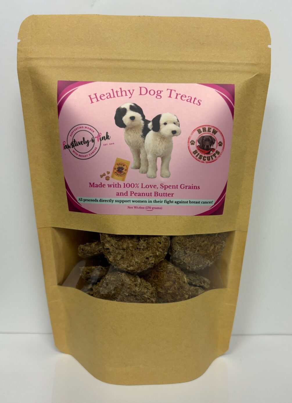 bag of dog treats with pink label and two dogs on the front